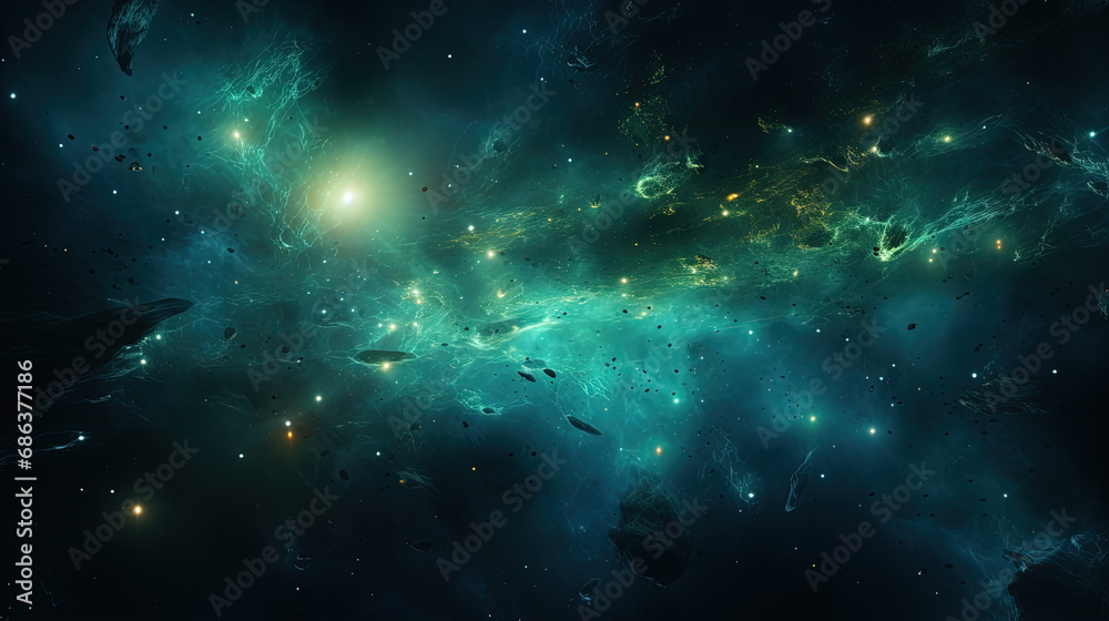Nebula and Asteroids in Deep Space
