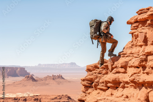 Sport climbing, bouldering and rappelling athlete man on stone and rock wall at sunrise.