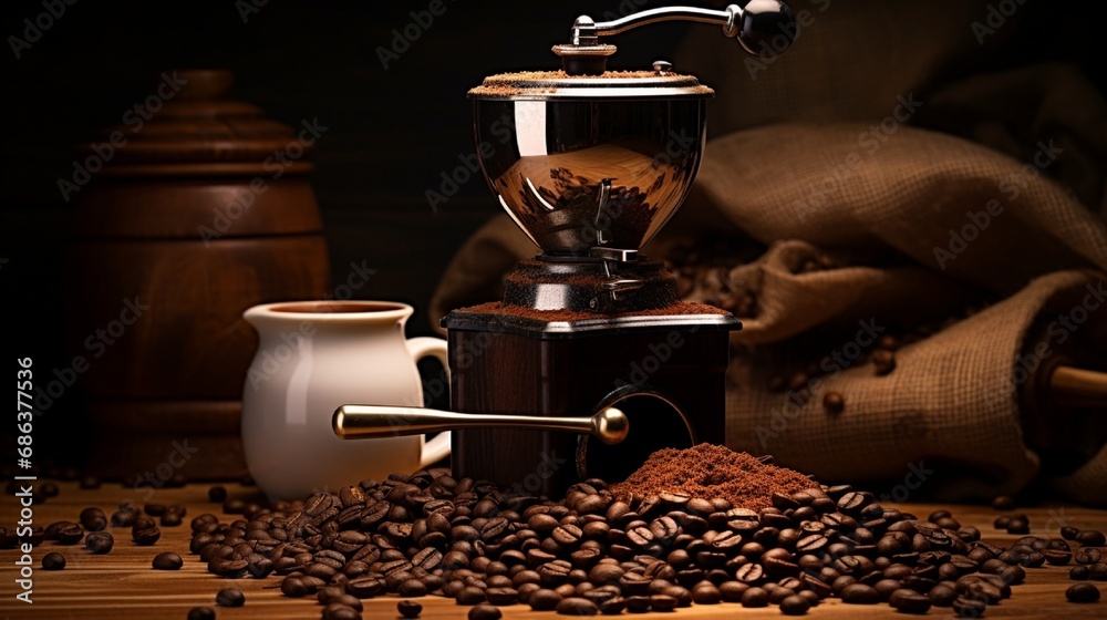 A stylish coffee grinder with a pile of freshly ground coffee beans. - obrazy, fototapety, plakaty 