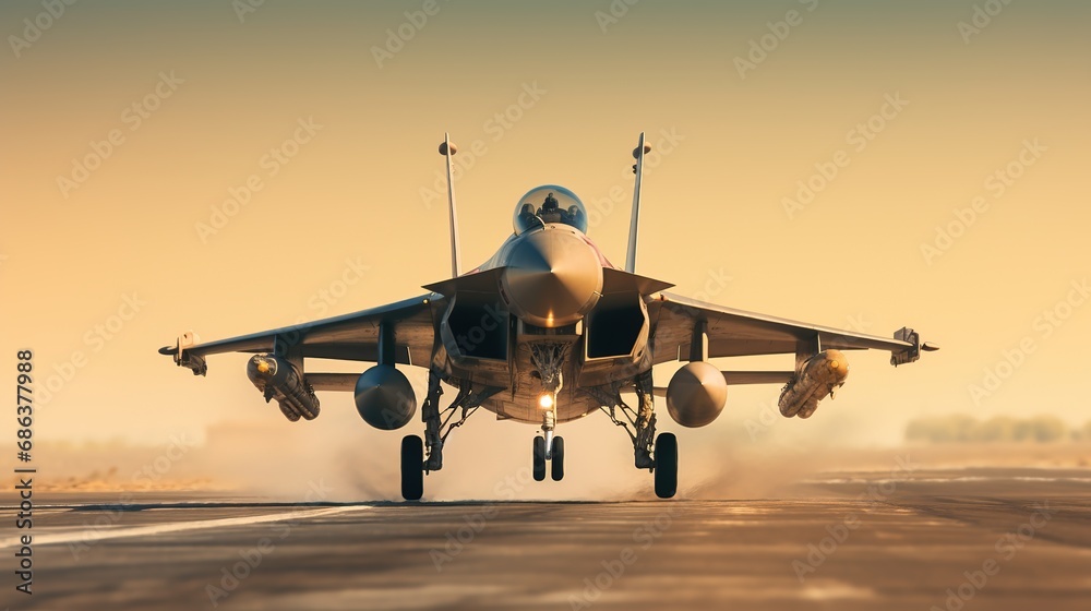 Combat military fighter rapidly takes off at high speed from the runway, for tracking and hitting a target with copy space - obrazy, fototapety, plakaty 