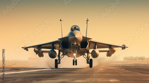 Combat military fighter rapidly takes off at high speed from the runway, for tracking and hitting a target with copy space photo