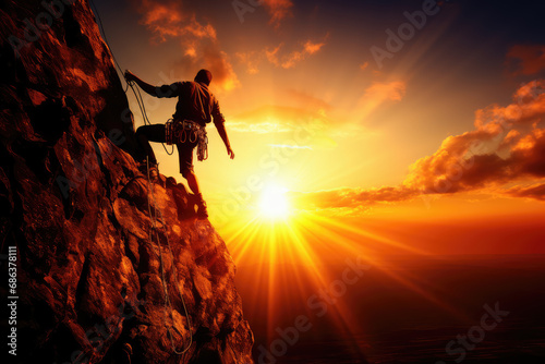 Sport climbing, bouldering and rappelling athlete man on stone and rock wall at sunrise. photo