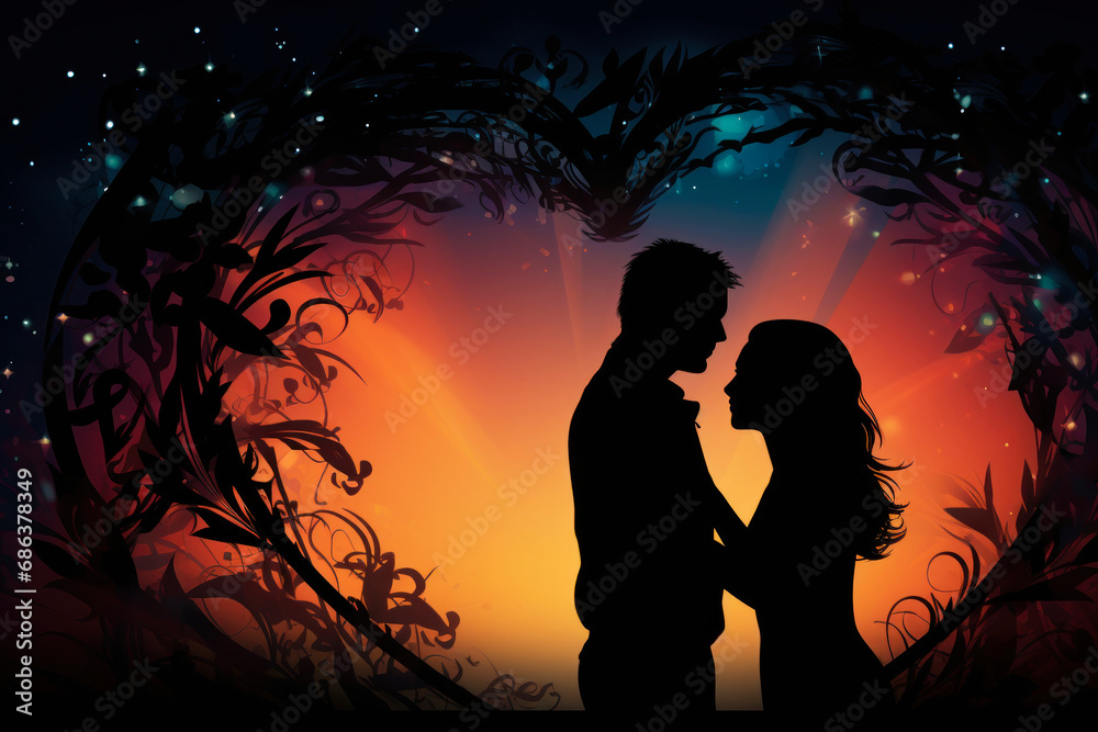 Silhouette of a loving couple of a man and a woman against a sunset background