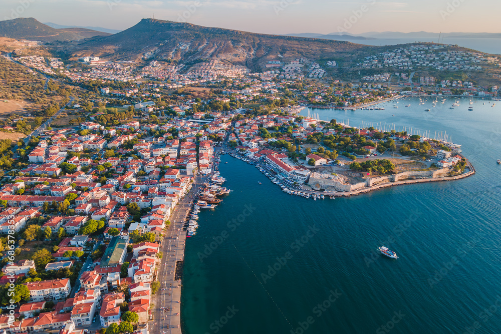 Foca resort town in Turkey on Aegean sea coast. Aerial view