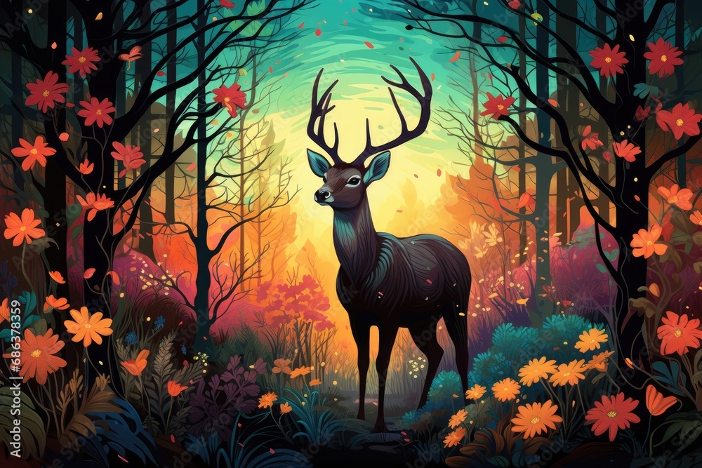 an illustration of a deer standing in the woods a forest Generative AI