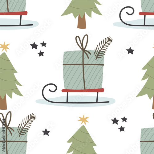 holiday Seamless pattern with cartoon sled,  present, Christmas tree, decor elements. colorful vector for kids, flat style. hand drawing. Baby design for fabric, textile, print, wrapper.
