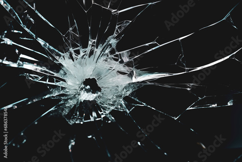 Detailed Close-up of Damaged Car Windshield with Visible Cracks and Shattered Glass
