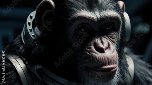 Chimpanzee in Space. Chimpanzee Astronaut. Chimpanzee in an astronaut's suit. Chimpanzee in space suit. Chimp. Chimpanzee. Evolution Concept © John Martin