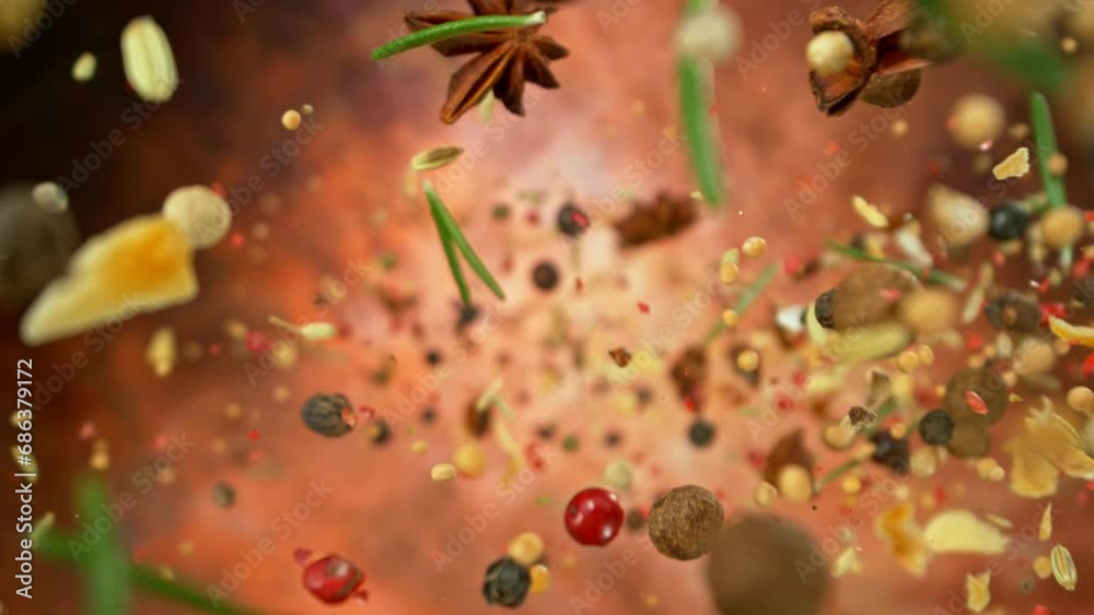 Super Slow Motion Shot of Flying and Rotating Various Spices. Filmed on High Speed Cinema Camera, 1000fps.