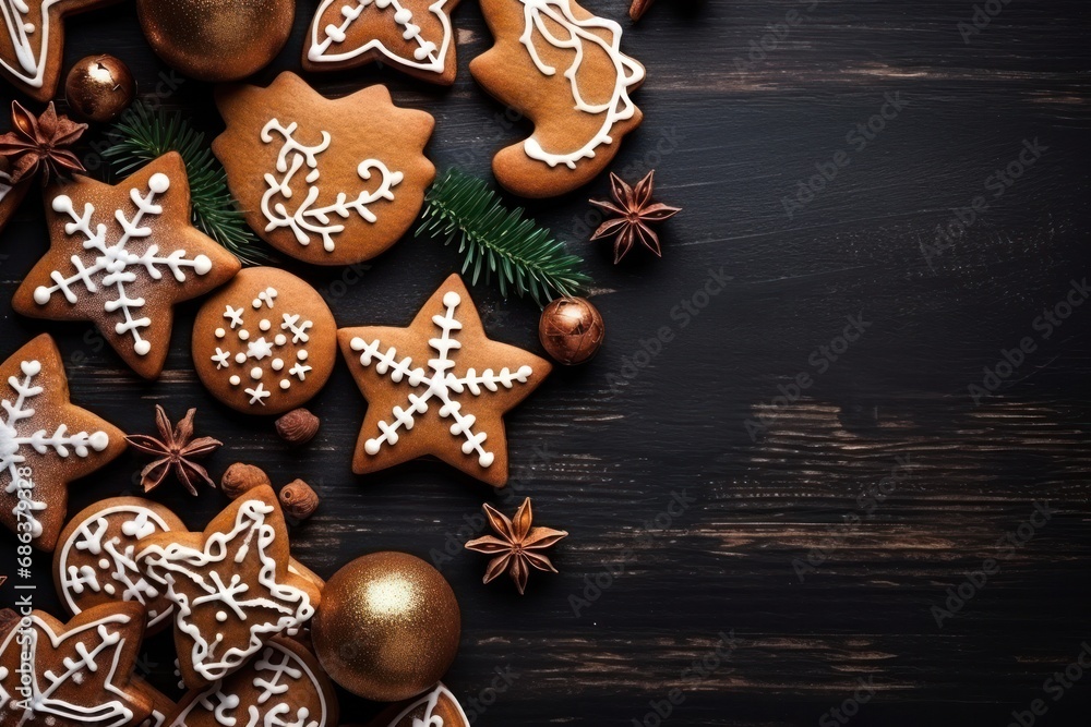 A top view of christmas biscuits, christmas elements on the table , banner, generated with AI A top view of christmas biscuits, christmas elements on the table , banner, generated with AI