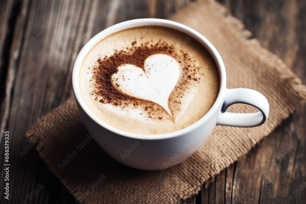 A top view of cup of coffe with mouss shaped as a heart, wood table, generated with AI A top view of cup of coffe with mouss shaped as a heart, wood table, generated with AI