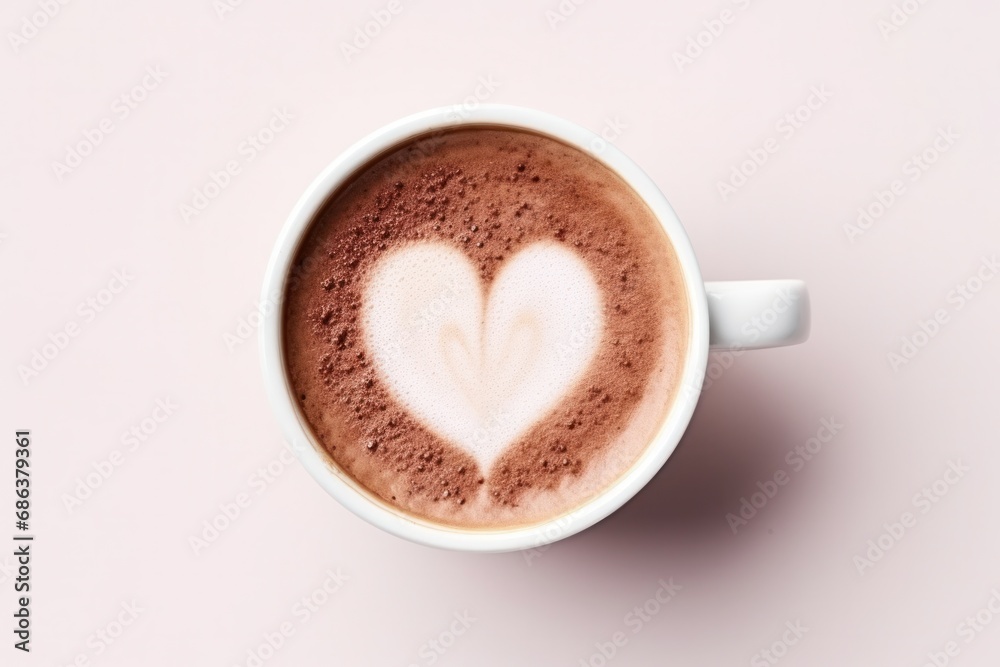 Fototapeta premium A top view of cup of coffee with mouss shaped as a heart, generated with AI