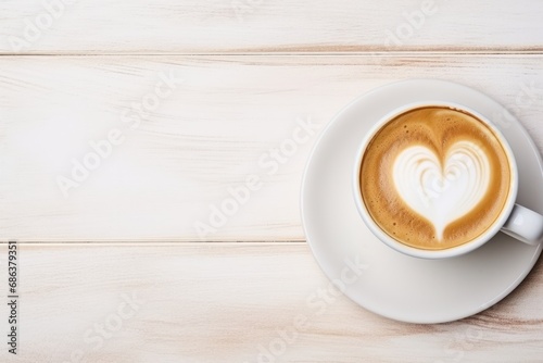 A top view of cup of coffee with mouss shaped as a heart, generated with AI
