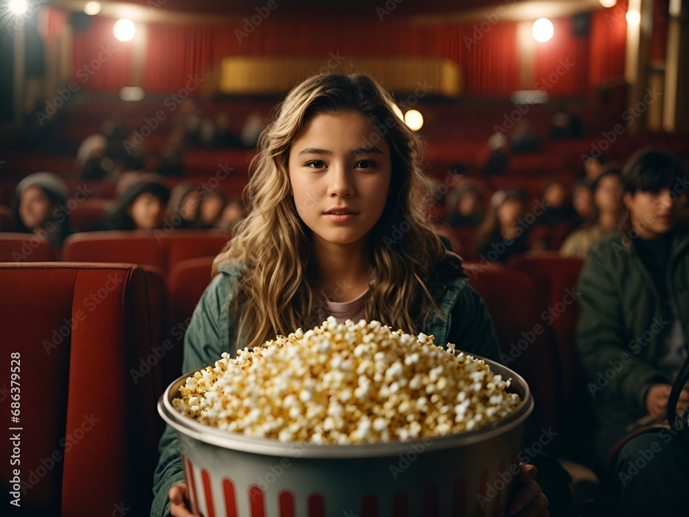 A teenage girl holds a bucket of popcorn in a movie theater. A teenage girl holds a bucket of popcorn in a movie theater.