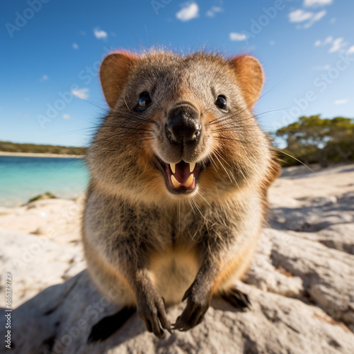 Smiling quokka posing for the camera. Quokka the happiest animal on Earth. generative ai