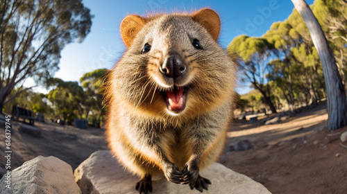 Smiling quokka posing for the camera. Quokka the happiest animal on Earth. generative ai photo
