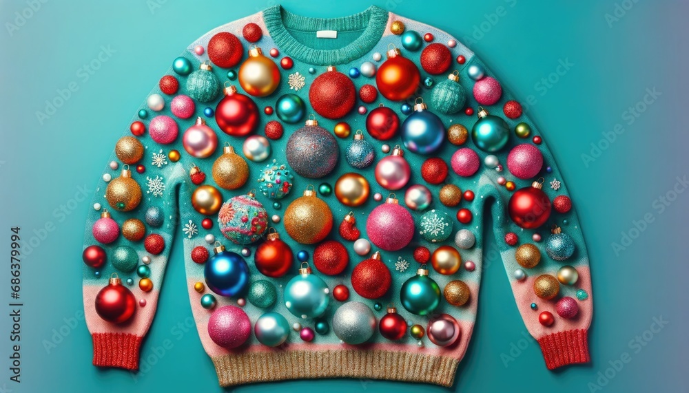This delightful flat lay captures a festive Christmas sweater against a teal backdrop, playfully adorned with a collection of Christmas baubles. 