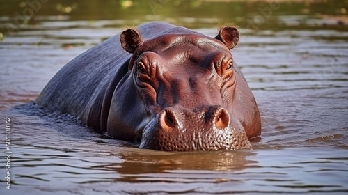 The common hippopotamus, Hippopotamus amphibius, or hippo large, mostly herbivorous. generative ai