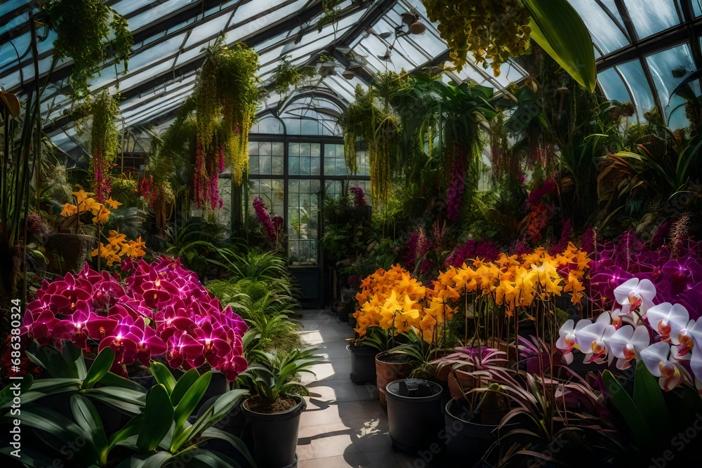 The vibrant colors of orchids and other exotic blooms in a greenhouse
