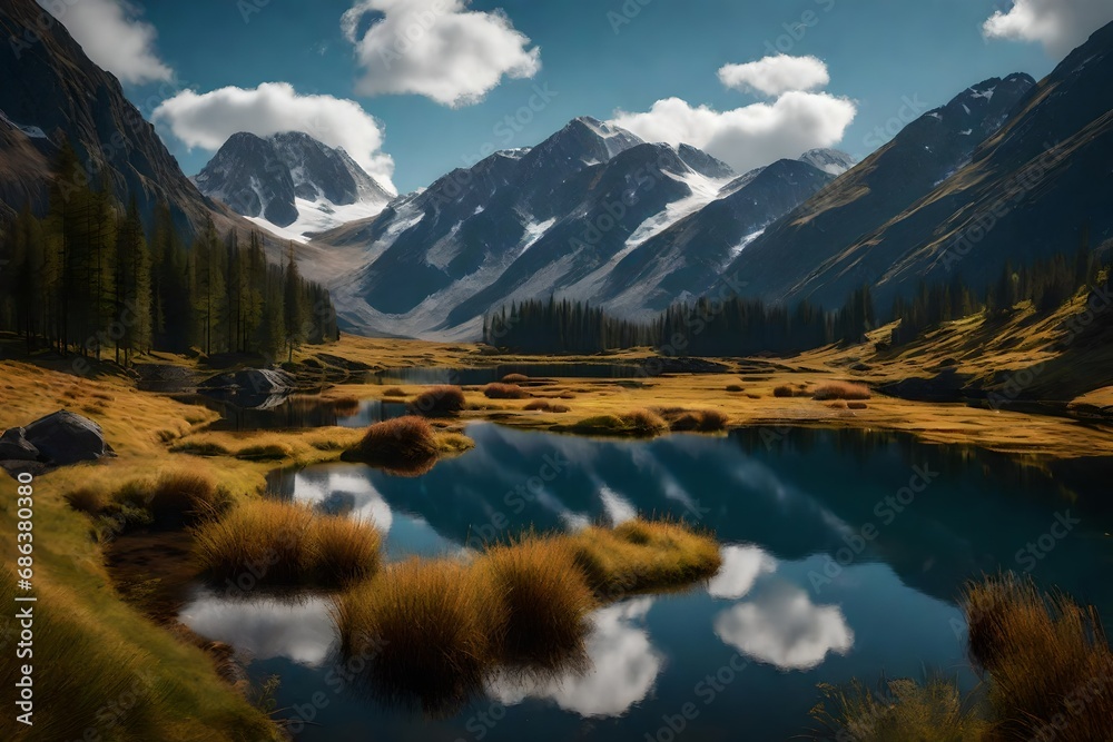 A serene highland landscape with a calm, reflective pond