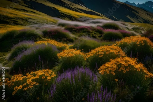 The intricate details of alpine wildflowers and hardy vegetation on a high ridge