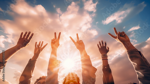 Excited young men smiling and raising their arms in the air, to cheer, support, great, or show solidarity. Cheerful guys showing a victory sign, on sky background with sunlight and clouds. Copy space.