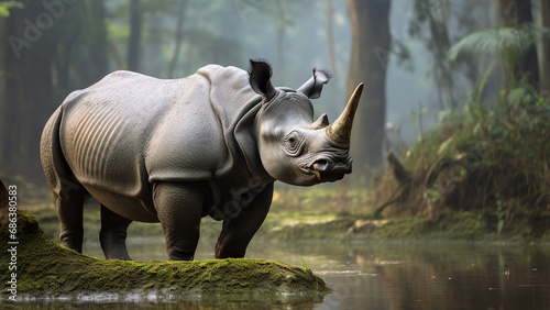 The Javan rhinoceros or the Javan rhino, Sunda rhinoceros lesser one horned rhinoceros generative ai photo