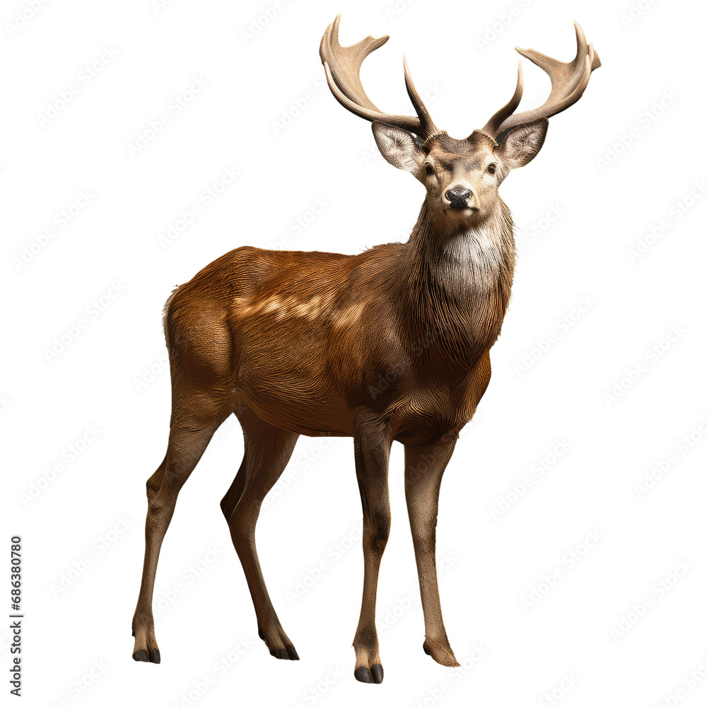 Fototapeta premium Deer, looking in to camera, side view full body, transparent background