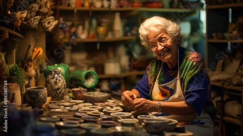 illustration of a smiling elderly lady satisfied with the production and sale of various pottery products