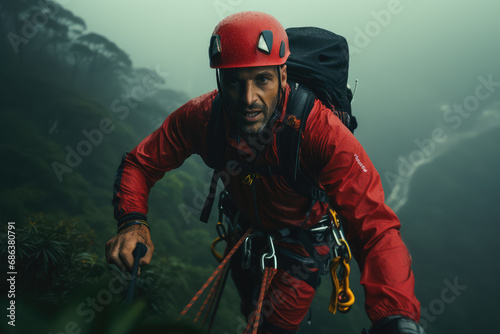 Sport climbing, bouldering and rappelling athlete man on stone and rock wall.