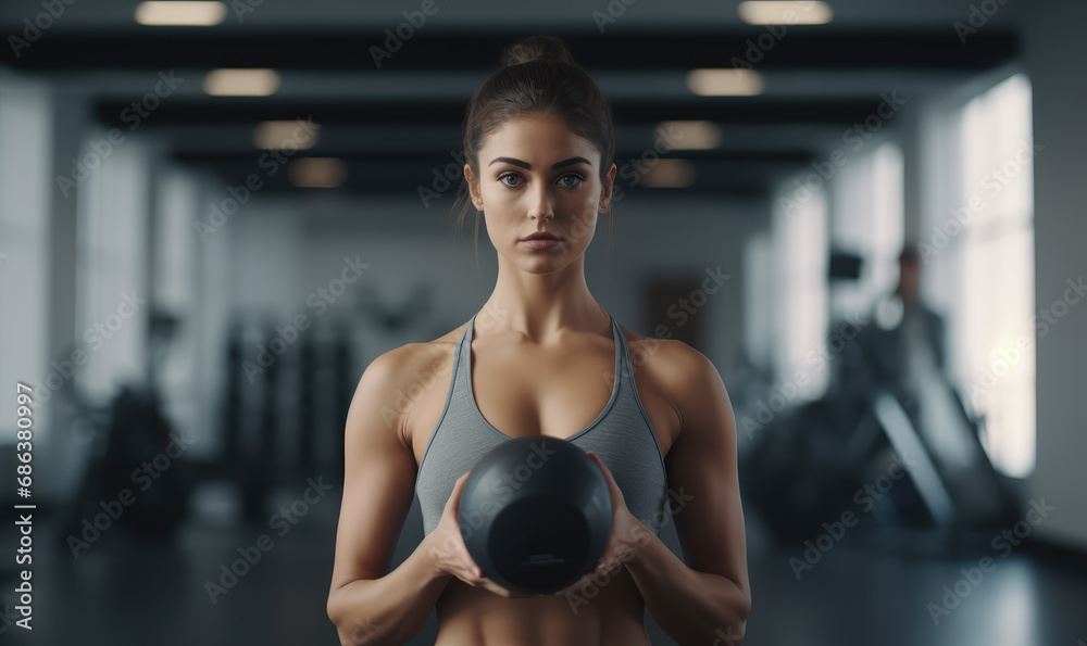 Fototapeta premium Bodybuilding athlete woman in gym doing exercises with weights.