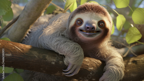 Smiling baby Brown throated Three toed sloth in the mangrove. generative ai photo