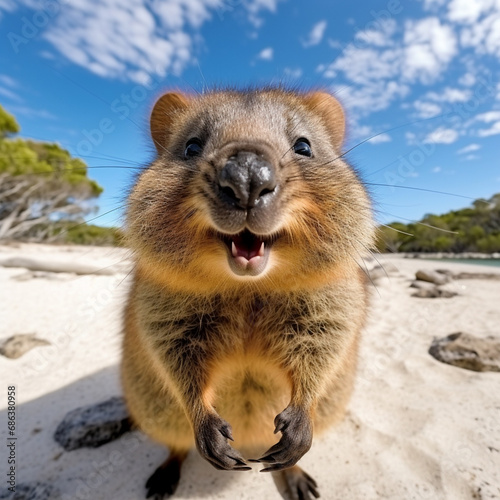 Smiling quokka posing for the camera on the beach. Quokka the happiest animal on Earth generative ai © Witri