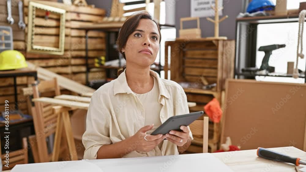Smiling young hispanic woman, a beautiful carpenter, confident at work, uses touchpad for business in a carpentry workshop Smiling young hispanic woman, a beautiful carpenter, confident at work, uses touchpad for business in a carpentry workshop