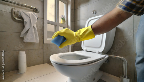 mano persona che pulisce wc bagno guanti  photo
