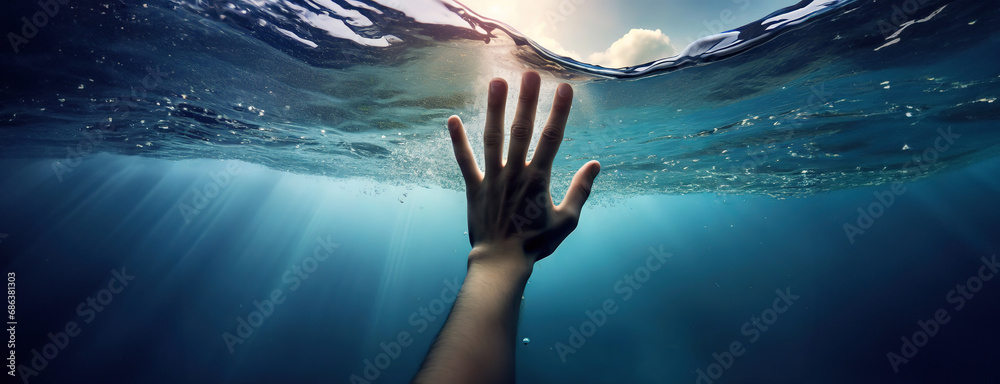 Drowning person, man, reaching out for help. Panorama with copy space. Human hand underwater. - obrazy, fototapety, plakaty 