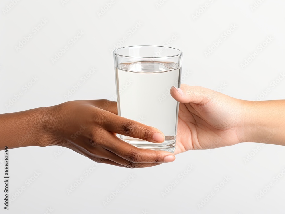 AI-generated illustration of a woman's hand passing a glass of water to another woman's hand. MidJourney. AI-generated illustration of a woman's hand passing a glass of water to another woman's hand. MidJourney.