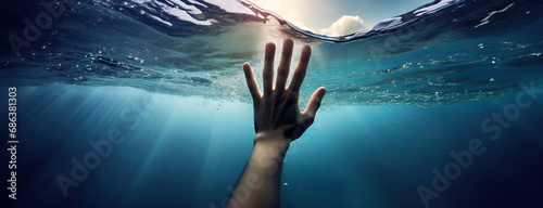 Drowning person, man, reaching out for help. Panorama with copy space. Human hand underwater.