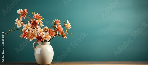 Flower filled vase on table with green backdrop photo