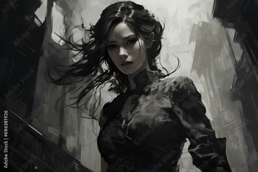 a woman wearing a black dress with a dark atmosphere, monochromatic drawing with a rough touch, black and white. generative AI a woman wearing a black dress with a dark atmosphere, monochromatic drawing with a rough touch, black and white. generative AI