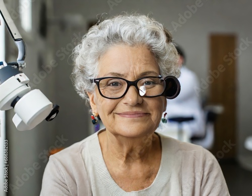 An elderly woman at an appointment with an ophthalmologist photo