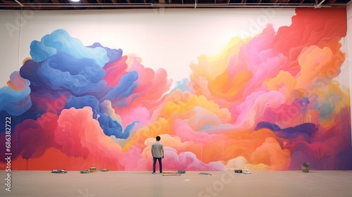 A time-lapse capture of a mural artist bringing a blank wall to life with bold strokes of color and a vivid portrayal of imagination.