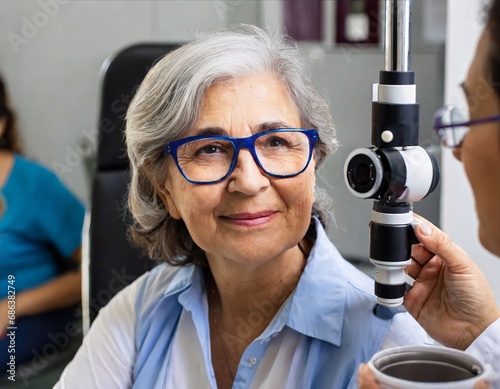 An elderly woman at an appointment with an ophthalmologist