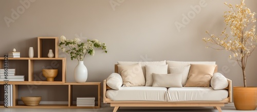 Beige and Japandi styled living room at cozy apartment furnished with elegant accessories and modern home staging photo