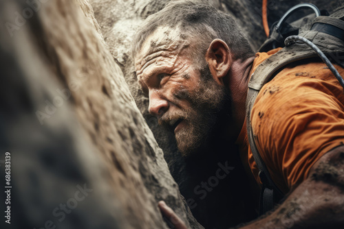 Sport climbing, bouldering and rappelling athlete man on stone and rock wall.