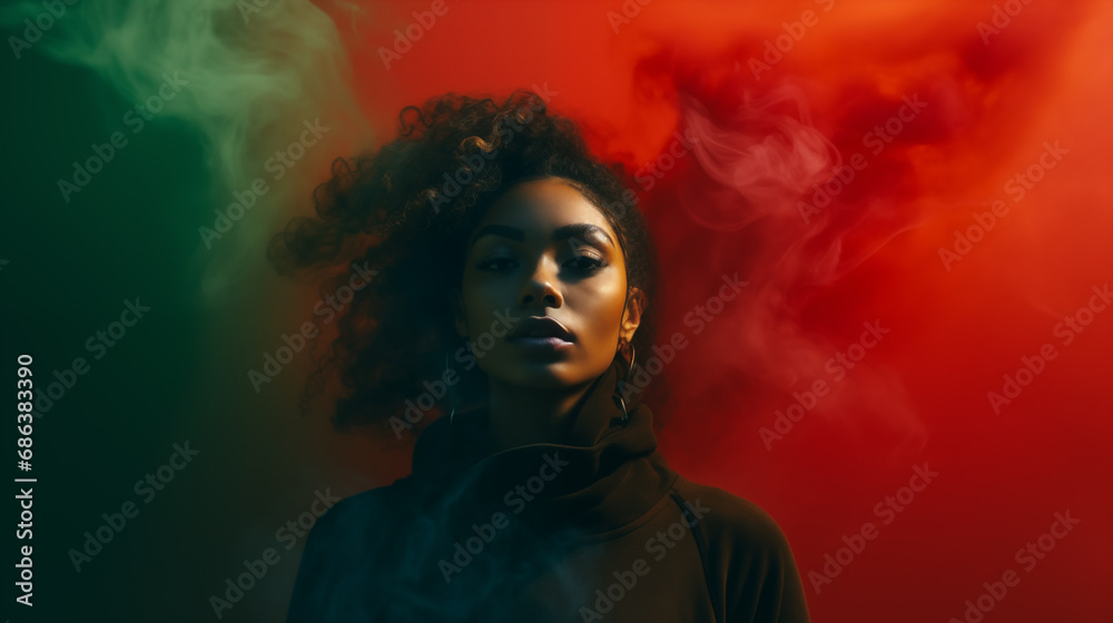 Black History Month. African American History in United States. Red Yellow Green smoke shrouded black woman. Freedom holiday. Celebrated annual in February. Poster, design art illustration. Generated 