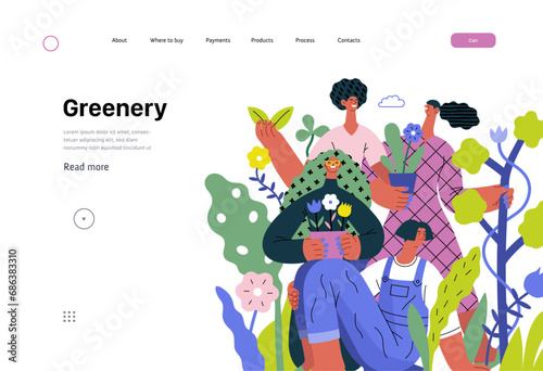 Greenery, ecology -modern flat vector concept illustration of people surrounded by plants and flowers. Metaphor of environmental sustainability and protection, closeness to nature