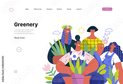 Greenery, ecology -modern flat vector concept illustration of people surrounded by plants and flowers. Metaphor of environmental sustainability and protection, closeness to nature