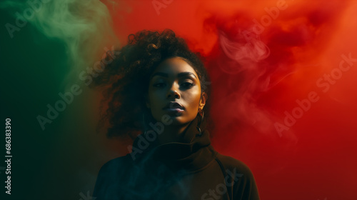 Black History Month. African American History in United States. Red Yellow Green smoke shrouded black woman. Freedom holiday. Celebrated annual in February. Poster  design art illustration. Generated 
