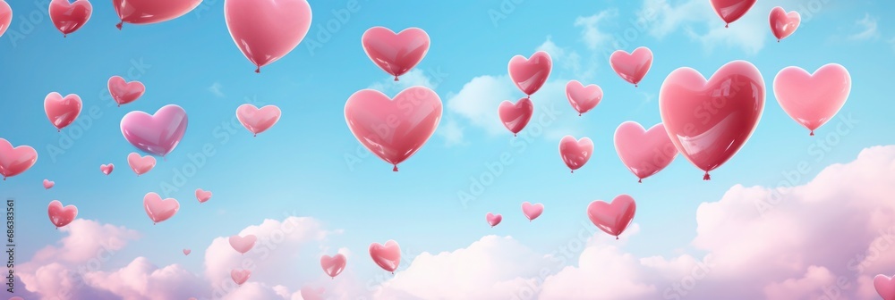 hearts balloons flying in blue sky